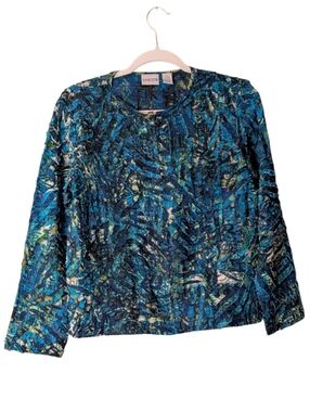 Chico’s Silk Linen Blend Abstract Zip Jacket Teal Blue Art To Wear  size 0/Small